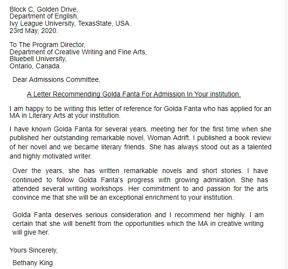 college recommendation letter sample